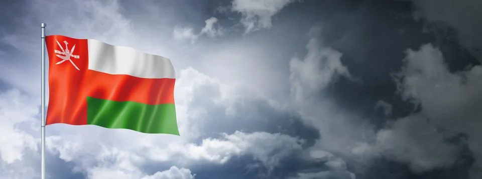Oman flag on a cloudy sky Stock Illustration