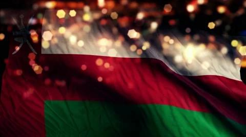 Oman Flag Light Night Bokeh Abstract Loop Animation 4K Stock Footage 47619492