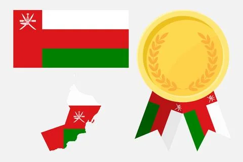 Oman flag with map and gold medal in set for web and banners or app and games Stock Illustration