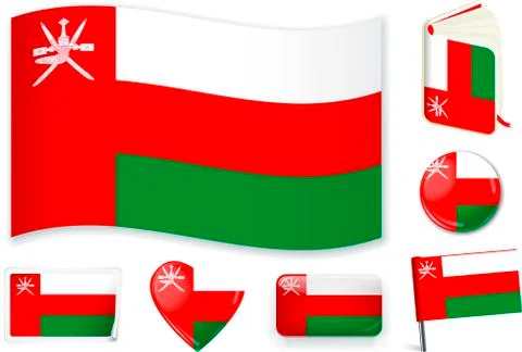 Oman flag in seven shapes. Editable with separate layers. Stock Illustration