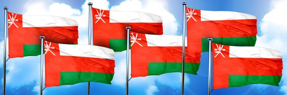 Oman flags, 3D rendering, on a cloud background Illustrazione stock