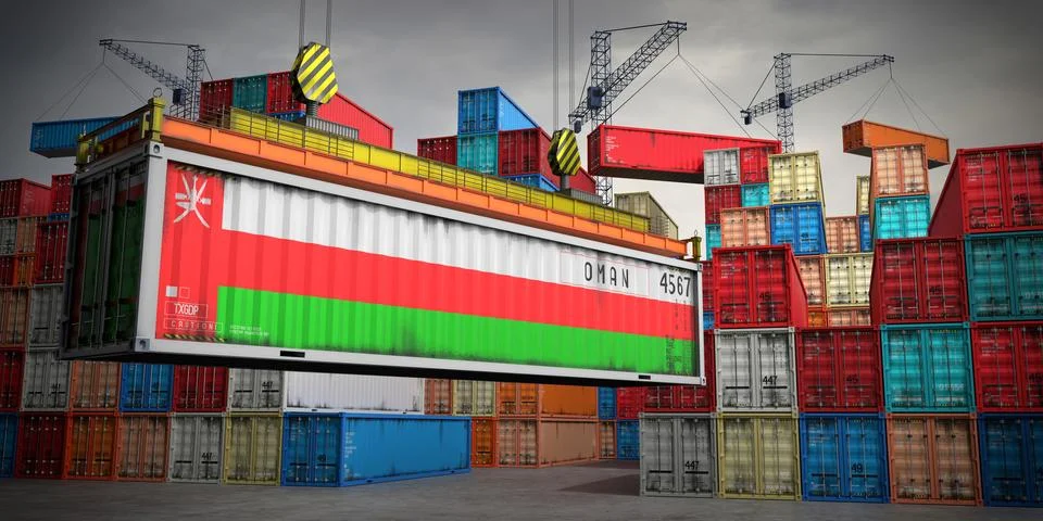 Oman - freight container in cargo terminal - 3D illustration Stock Illustration