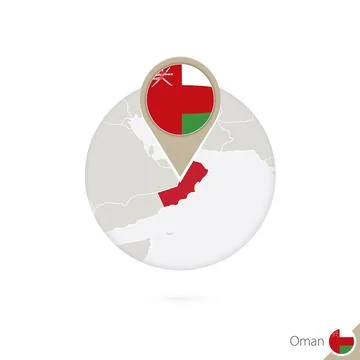 Oman map and flag in circle. Map of Oman, Oman flag pin. Map of Oman in the.. Stock Illustration