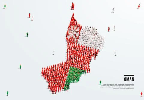 Oman Map and Flag. A large group of people in the Omani flag color. Stock Illustration