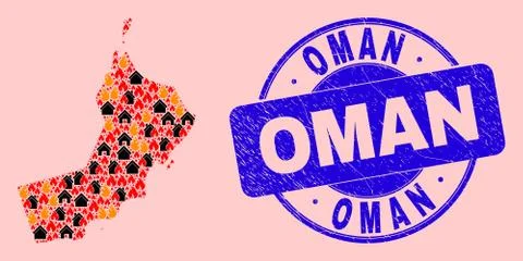 Oman Map Collage of Flame and Properties and Scratched Oman Stamp Ilustração Stock
