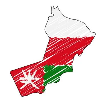 Oman map hand drawn sketch. Vector concept illustration flag, childrens drawing Stock Illustration