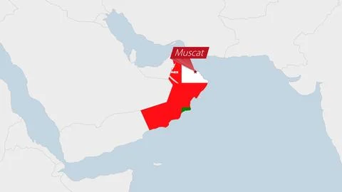 Oman map highlighted in Oman flag colors and pin of country capital Muscat. Stock Illustration