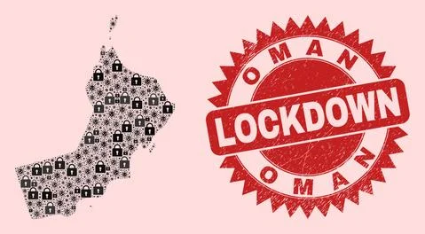Oman Map Mosaic of Locks and Covid-2019 and Distress Lockdown Stamp Stock Illustration