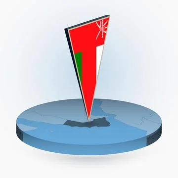 Oman map in round isometric style with triangular 3D flag of Oman Stock Illustration