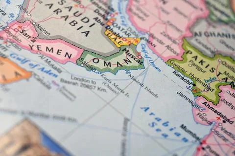 Oman on World Map Close Up Macro Defocused Background Geographic Image Stock Photos