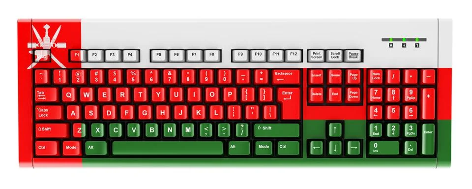 Omani flag painted on computer keyboard. 3D rendering 스톡 일러스트