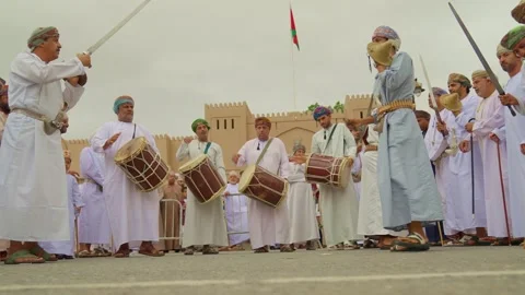 Omani Mens Sing in Eid Razha, Nizwa, Oman Video stock 243131904