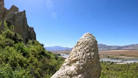 Omarama Clay Cliffs unique landscape with pinnacles, deep ravines, and shar.. Stock Footage 295011424