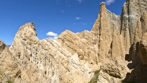 Omarama Clay Cliffs unique landscape with pinnacles, deep ravines, and shar.. Stock Footage 295011459