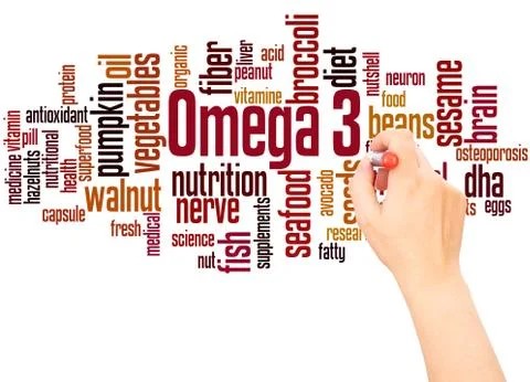 Omega 3 word cloud hand writing concept Stock Photos