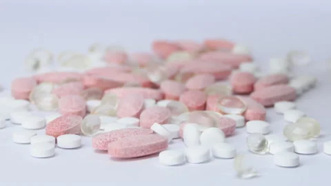 Omega-3 yellow tablets with fish oil and other vitamins fall on the wrinkled Stock Footage 182029501