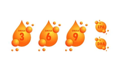 Omega acids. EPA, DHA drops set. Omega three, six and nine. Organic Vitamin.  Stock Illustration