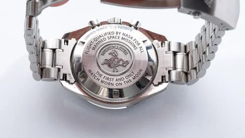 Omega chronograph case back view, Speedmaster model. Steel case, Speedmaste.. Stock Photos