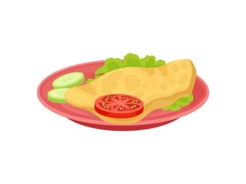 Omelette with lettuce leaf, slice of tomato and cucumber on pink plate. Food for Illustrazione stock
