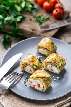 Omelette rolls with curd Stock Photos