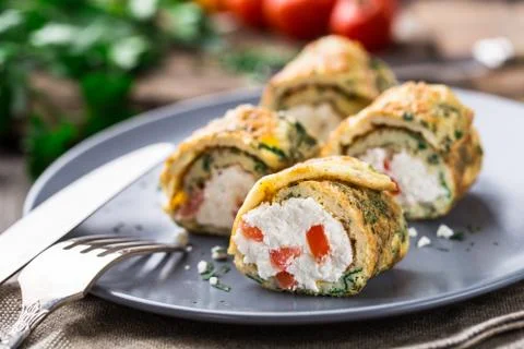 Omelette rolls with curd Stock Photos