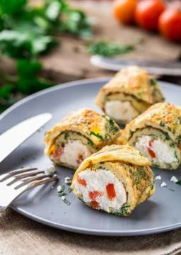 Omelette rolls with curd Stock Photos