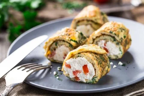 Omelette rolls with curd Foto stock