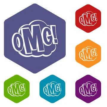 OMG, comic text speech bubble icons set hexagon Illustrazione stock