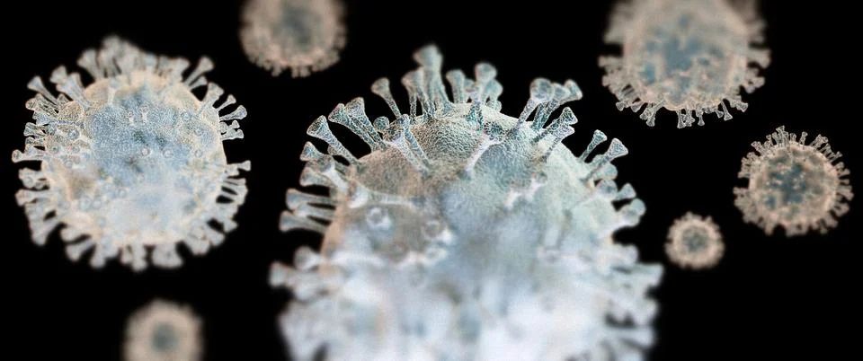 Omicron, Coronavirus - schematic, stylized image of a virus of the Corona family Illustrazione stock