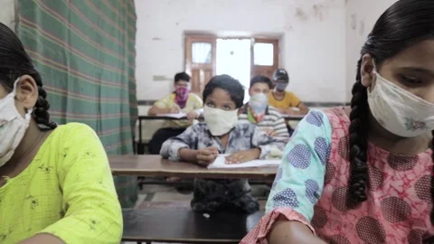 Omicron, Indian Students Studying In Classroom Wearing Mask Dolly Shot, Stock Footage 138131619