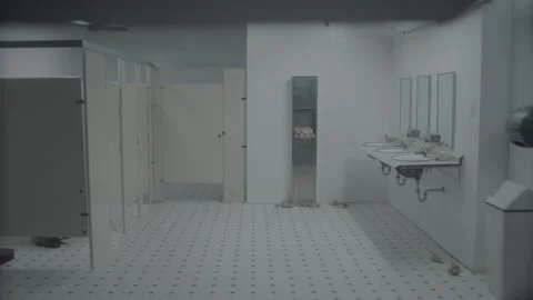 Ominous bathroom interior under fluorescent lighting Stock Footage 136333733