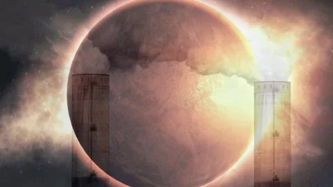 Ominous Eclipse Over Industrial Smokestacks Stock Footage 336479021
