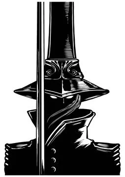 An ominous ghost hunter, with a long sword, and a high top hat on his head, h Stock-Illustration