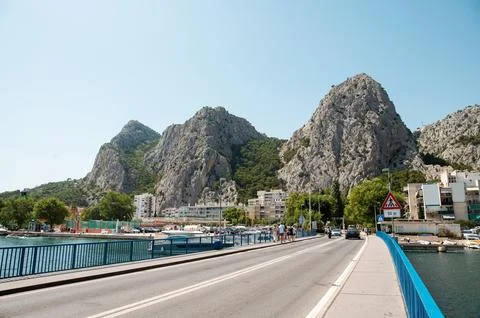 Omis Croatia bridge view with dramatic mountains and clear blue sky on a su.. Stock Photos