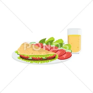 Omlet With Vegetables And Juice Breakfast Food Drink Set Stock Illustration