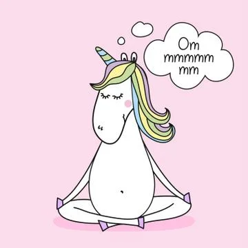 Ommmmmm (meditation) - funny vector quotes and unicorn drawing. Illustrazione stock