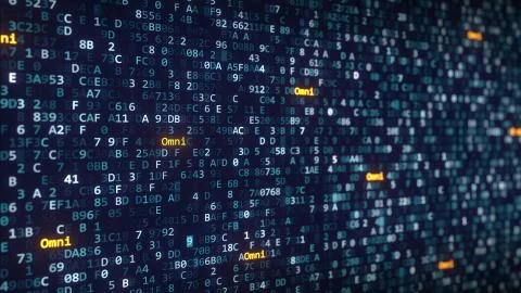 Omni captions appearing among changing hexadecimal symbols on a computer screen 스톡 일러스트