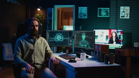 Omniscient evil sentient AI possessing developer, SF dystopian concept Stock Footage 266953628