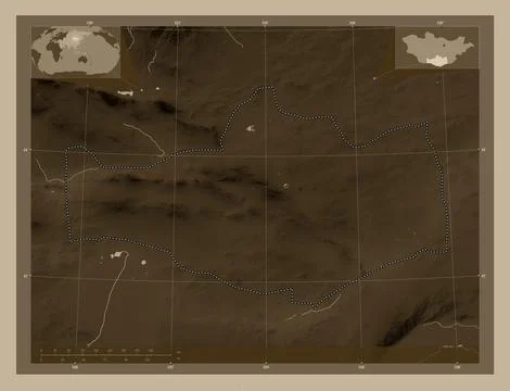 Omnogovi, Mongolia. Elevation map colored in sepia tones with lakes and river Stock Illustration