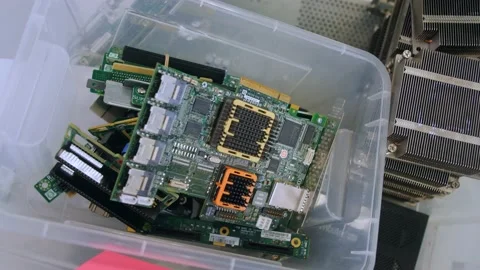 Omputer components in a box for assembling a server, server hardware close-up, c Stock-Footage 208297361
