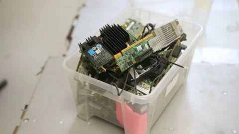 Omputer components in a box for assembling a server, server hardware close-up, c Stock-Footage 208302730
