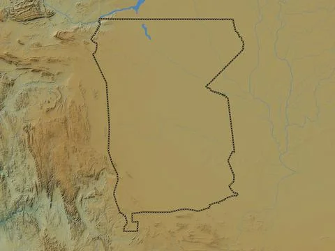 Omusati, Namibia. Colored elevation map with lakes and rivers Illustrazione stock