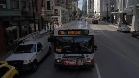 Onboard open top bus shot of bus on city streets, Chicago, Illinois, United Stock Footage 122381973
