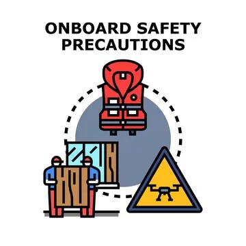 Onboard safety precautions with life jacket and warning signs Stock Illustration