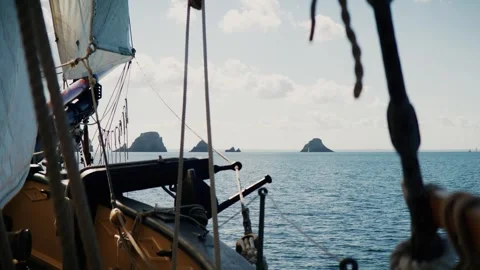 Onboard view from sailing ship heading toward Tas de Pois rocks, Brittany Stock Footage 330920926