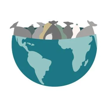 Oncept of global pollution. Half the planet is filled with garbage bags. Illustrazione stock