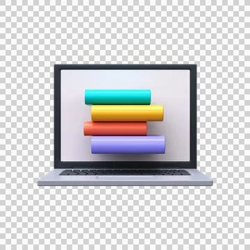 ?oncept of online learning or e-books. Laptop with stack of books 3d. Stock Illustration