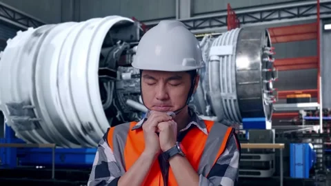 Ondering Male Engineer Saying Why Working Doubtfully With Jet Engine Stock Footage 306600876
