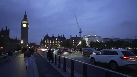 Ondon Eye, Big Ben clock tower and Houses of Parliament at night, London Stock Footage 288607190