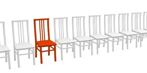 One 3d red chair in a row of white chairs Stock Illustration